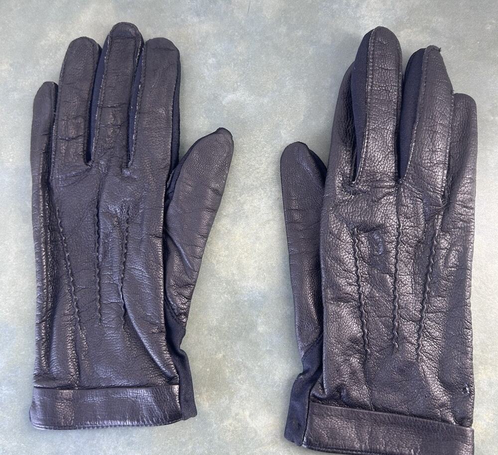 Vintage Renee's New York Black Leather Driving Gloves Style Womens Stretch